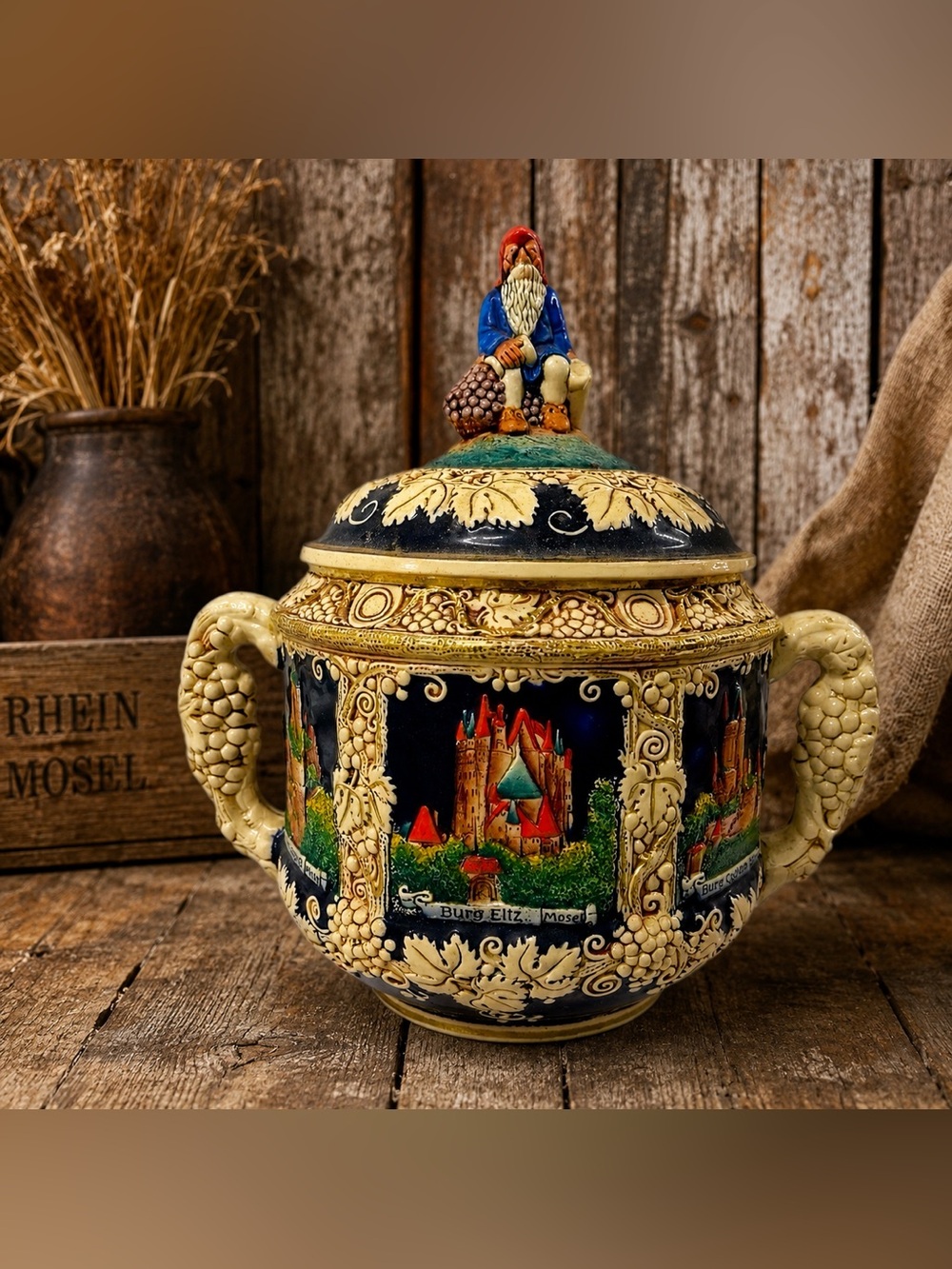 Vintage Marzi & Remy Germany Castle Stoneware Punch Bowl Gnome Lid 12” Wide
